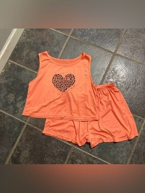 Coral Sleeveless Pajama Set with Leopard Heart “Wild Spirt, Soft Heart” Size M